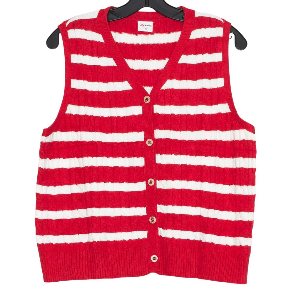 Sweater Vest Stripe Red Preppy Coastal Nautical Old Money Cable Knit Button Up M